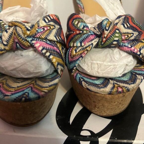 Nine West Multi-color Electrico open toe Cork heel wedge shoes, size 10 1/2 - Picture 6 of 9